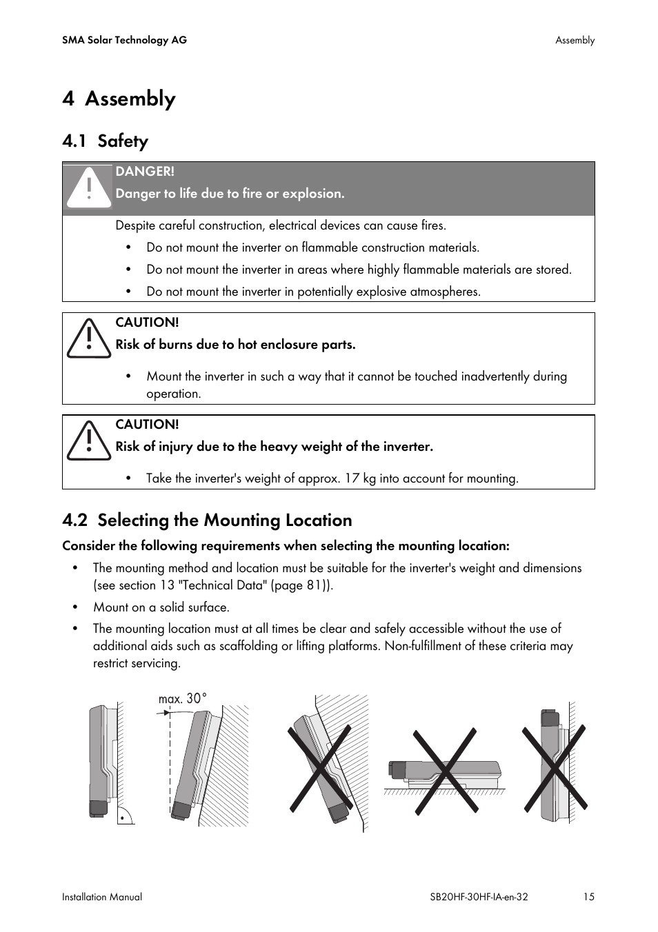 4 assembly, 1 safety, 2 selecting the mounting location | Assembly, Safety, Selecting the mounting location, 1 safety 4.2 selecting the mounting location | SMA SB 2000HF-30 Installation User Manual | Page 15 / 96