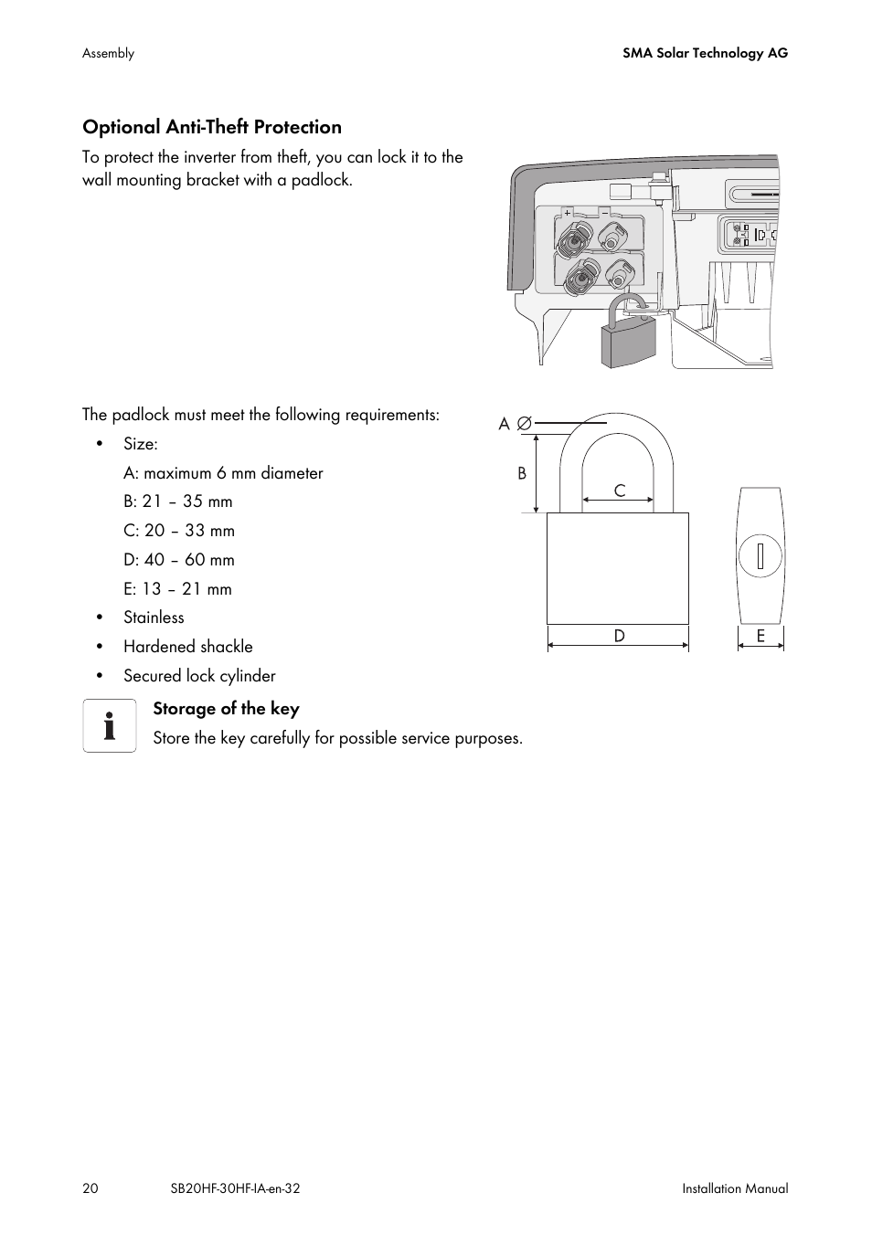 Optional anti‑theft protection | SMA SB 2000HF-30 Installation User Manual | Page 20 / 96