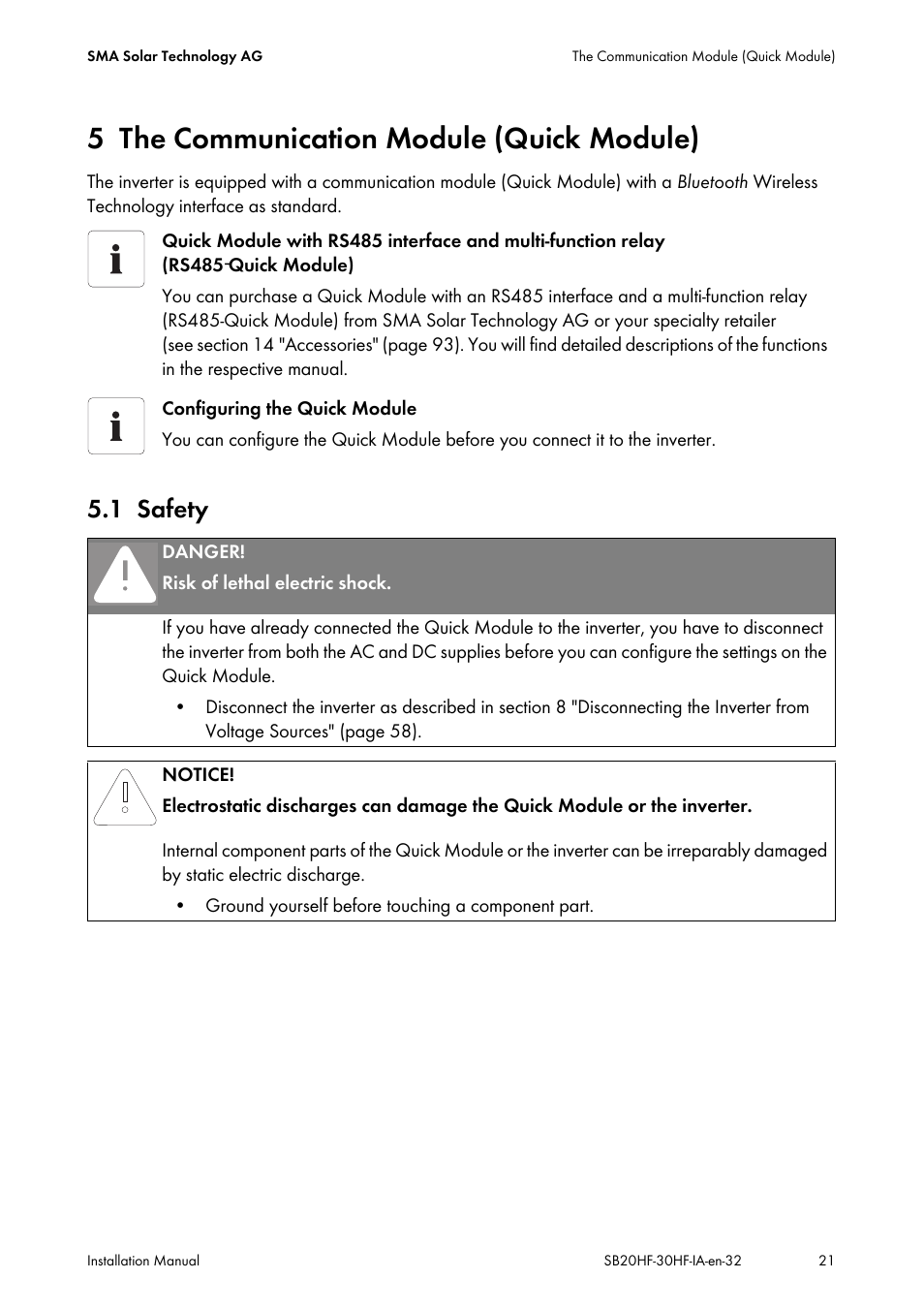 5 the communication module (quick module), 1 safety, The communication module (quick module) | Safety | SMA SB 2000HF-30 Installation User Manual | Page 21 / 96