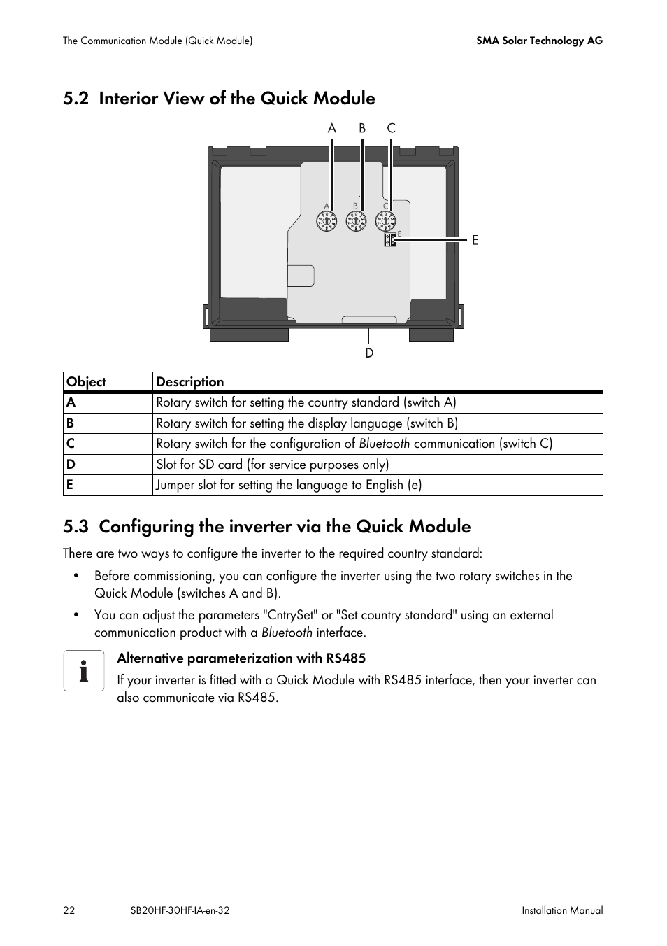 2 interior view of the quick module, 3 configuring the inverter via the quick module, Interior view of the quick module | Configuring the inverter via the quick module | SMA SB 2000HF-30 Installation User Manual | Page 22 / 96