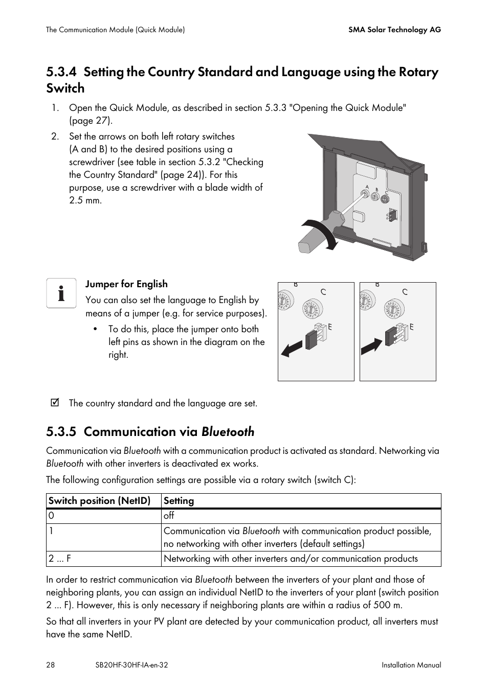 5 communication via bluetooth, Communication via bluetooth, Section 5.3.4 "setting the | SMA SB 2000HF-30 Installation User Manual | Page 28 / 96