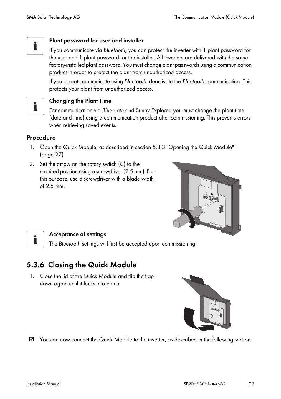 6 closing the quick module, Closing the quick module | SMA SB 2000HF-30 Installation User Manual | Page 29 / 96