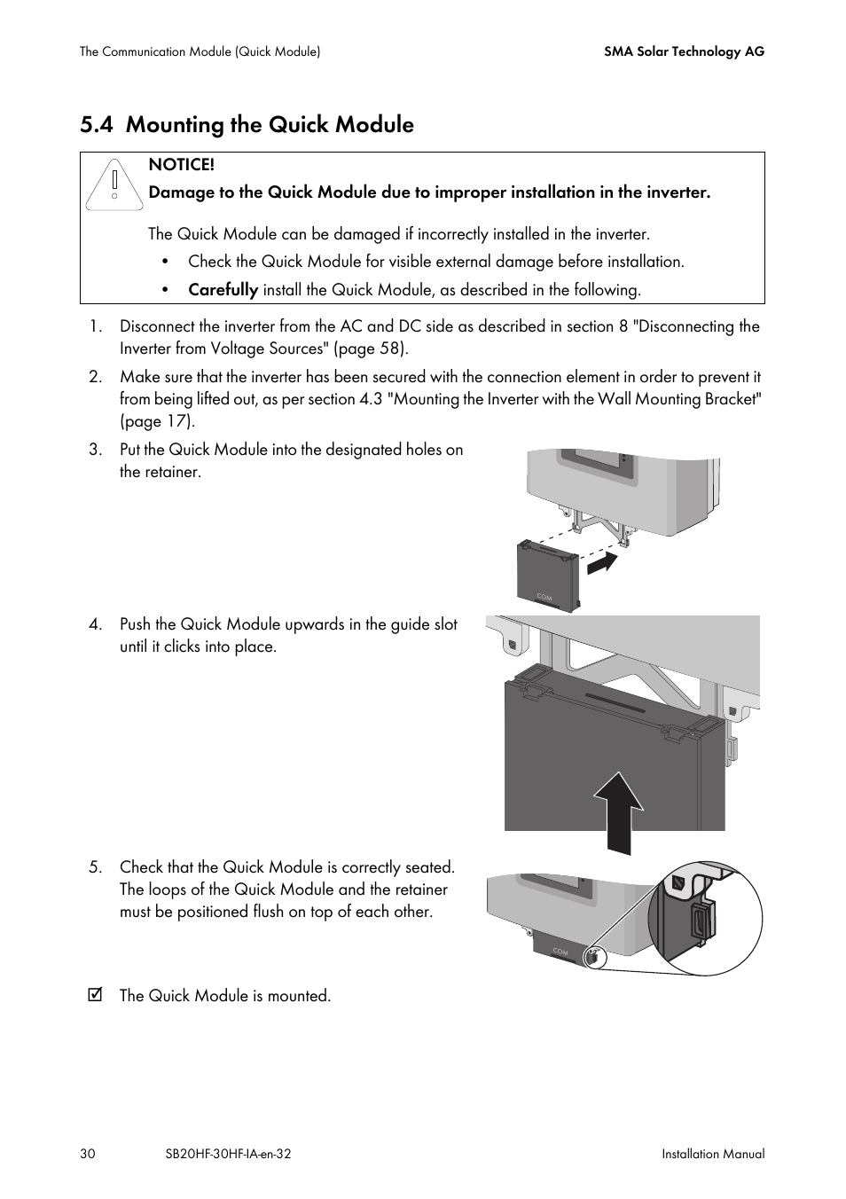 4 mounting the quick module, Mounting the quick module | SMA SB 2000HF-30 Installation User Manual | Page 30 / 96