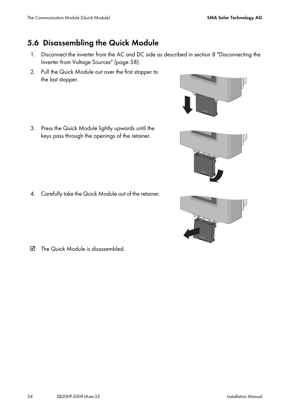 6 disassembling the quick module, Disassembling the quick module | SMA SB 2000HF-30 Installation User Manual | Page 34 / 96