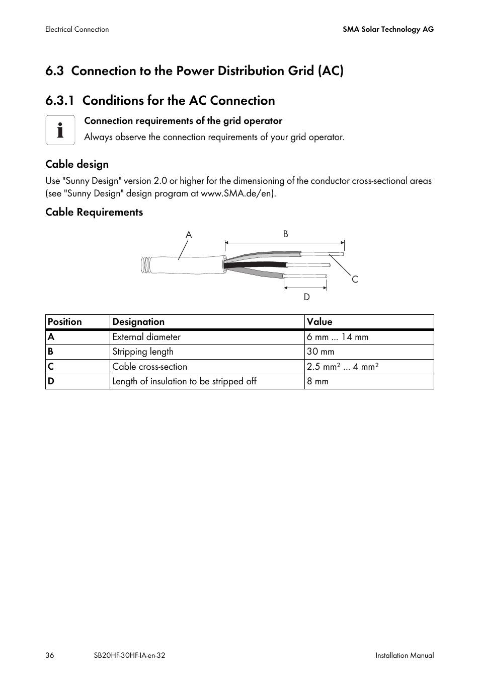 3 connection to the power distribution grid (ac), 1 conditions for the ac connection, Connection to the power distribution grid (ac) | Conditions for the ac connection | SMA SB 2000HF-30 Installation User Manual | Page 36 / 96