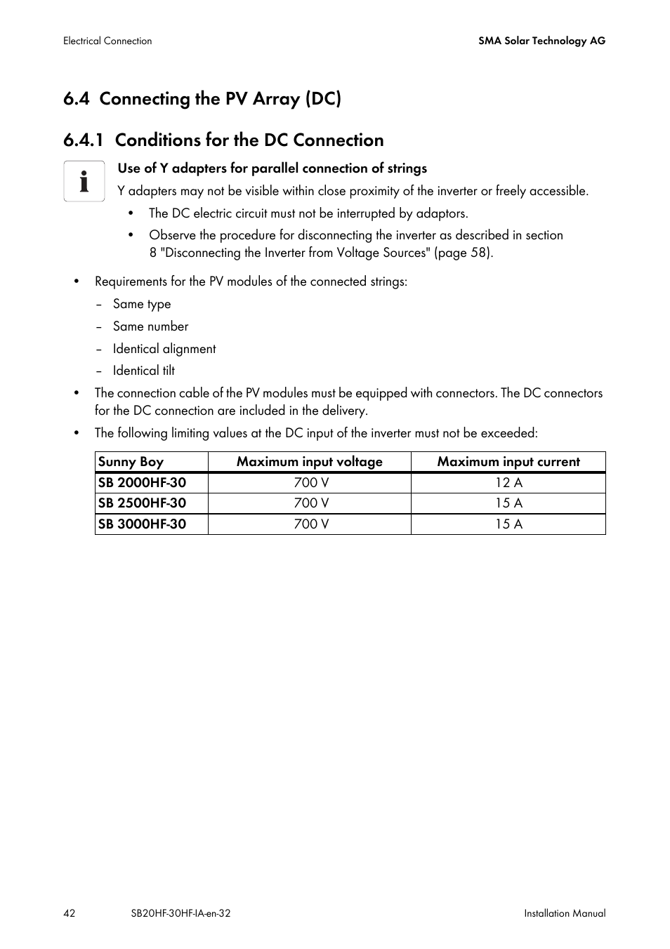 4 connecting the pv array (dc), 1 conditions for the dc connection, Connecting the pv array (dc) | Conditions for the dc connection | SMA SB 2000HF-30 Installation User Manual | Page 42 / 96