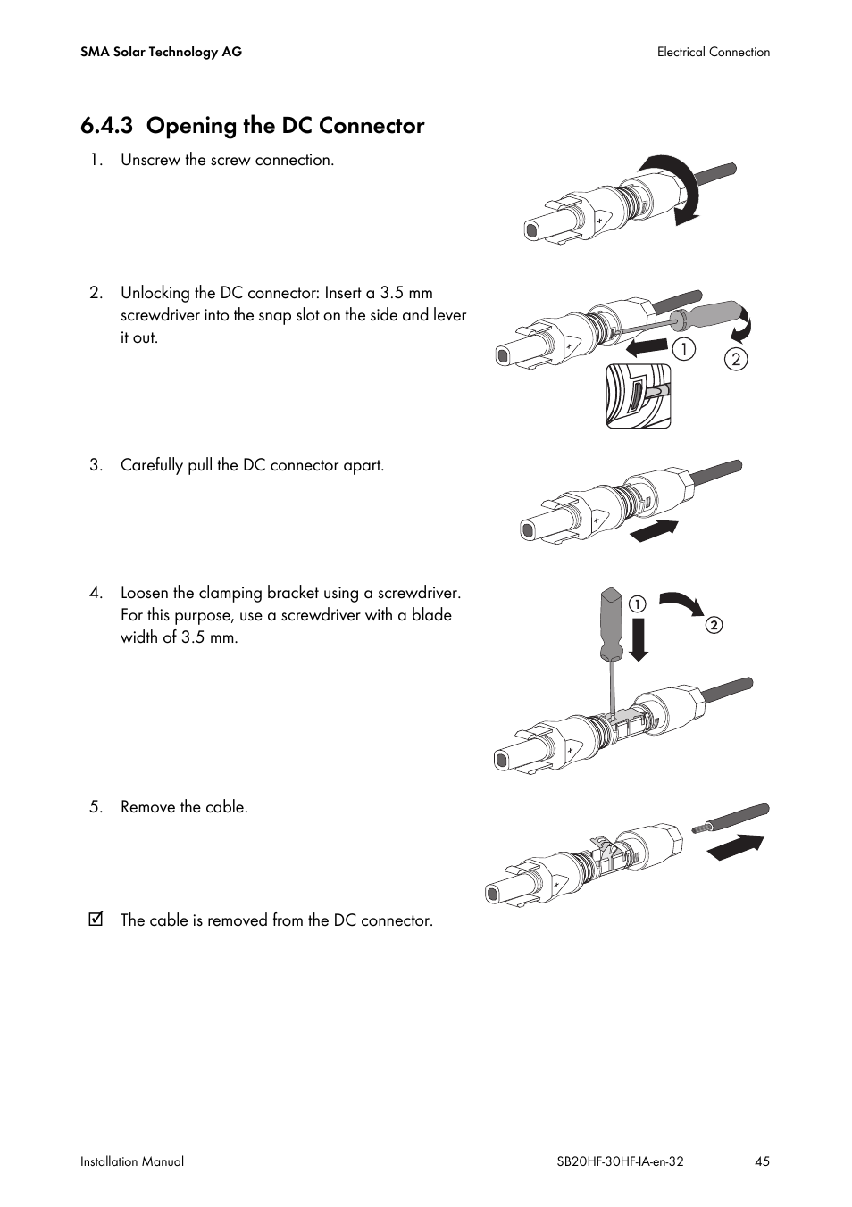 3 opening the dc connector, Opening the dc connector | SMA SB 2000HF-30 Installation User Manual | Page 45 / 96