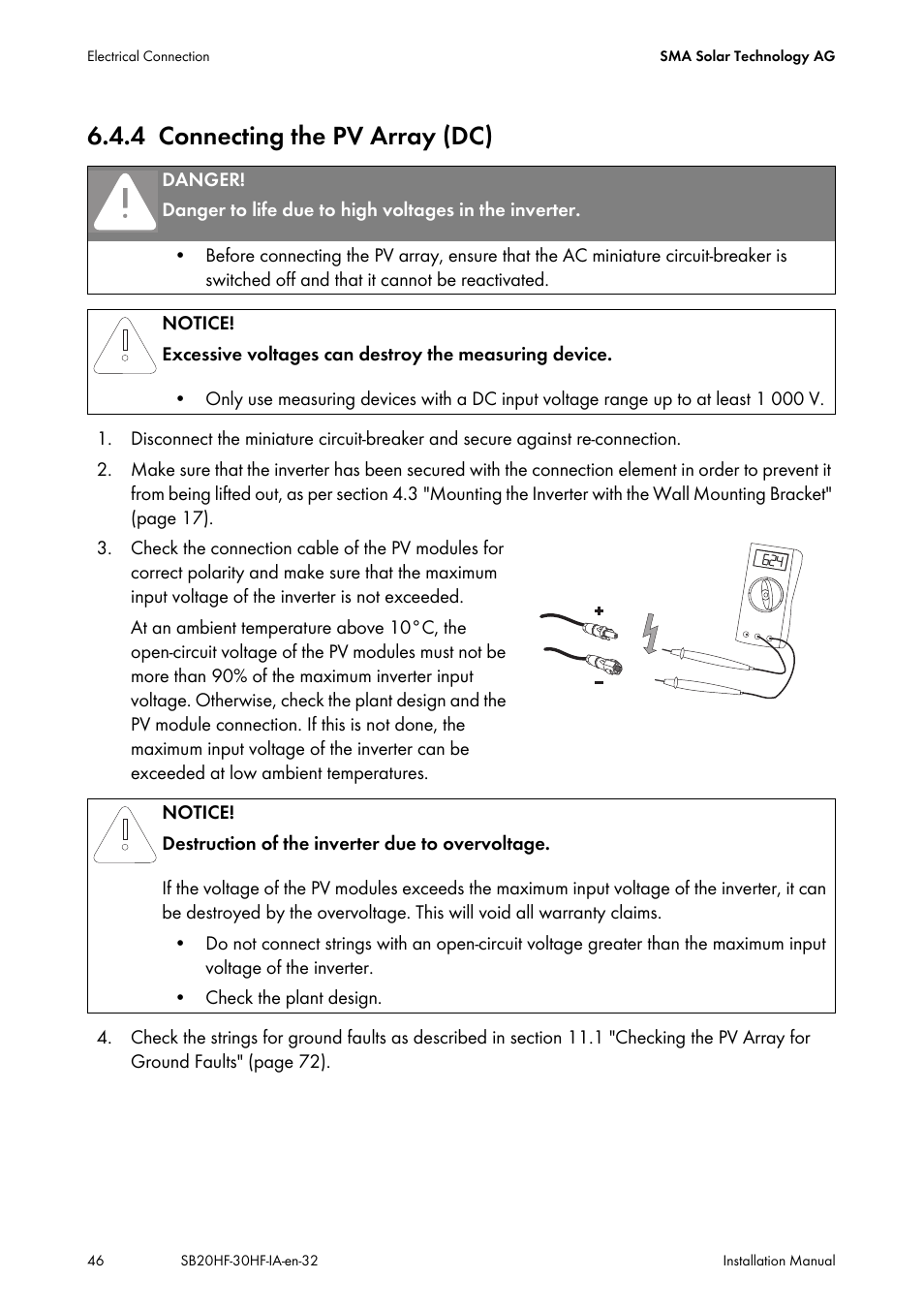 4 connecting the pv array (dc), Connecting the pv array (dc) | SMA SB 2000HF-30 Installation User Manual | Page 46 / 96