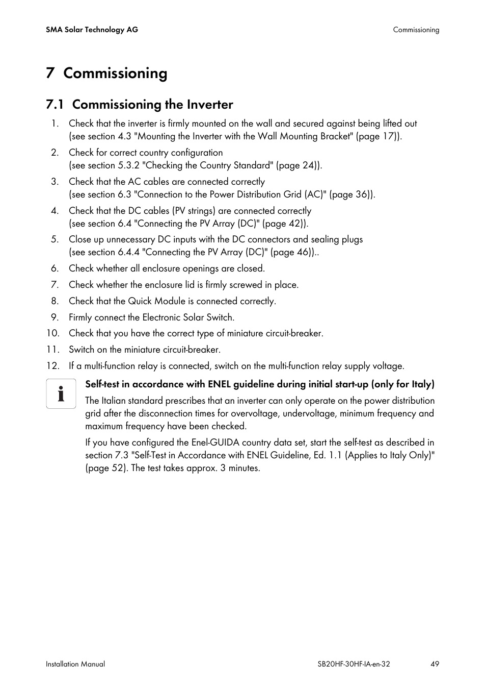 7 commissioning, 1 commissioning the inverter, Commissioning | Commissioning the inverter | SMA SB 2000HF-30 Installation User Manual | Page 49 / 96