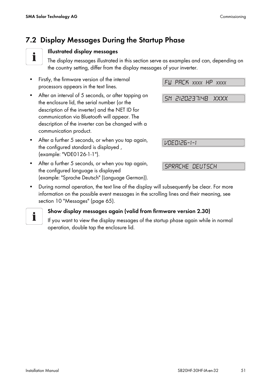 2 display messages during the startup phase, Display messages during the startup phase | SMA SB 2000HF-30 Installation User Manual | Page 51 / 96