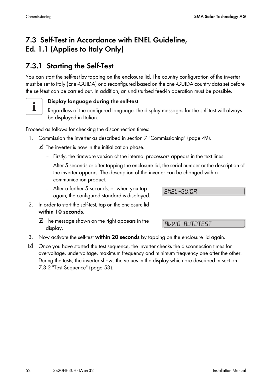 1 starting the self‑test, Self‑test in accordance with enel guideline, Ed. 1.1 (applies to italy only) | Starting the self‑test | SMA SB 2000HF-30 Installation User Manual | Page 52 / 96