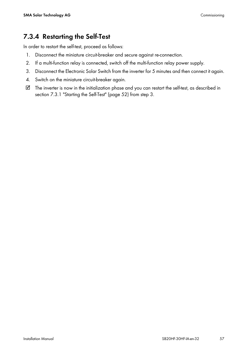 4 restarting the self‑test, Restarting the self‑test | SMA SB 2000HF-30 Installation User Manual | Page 57 / 96