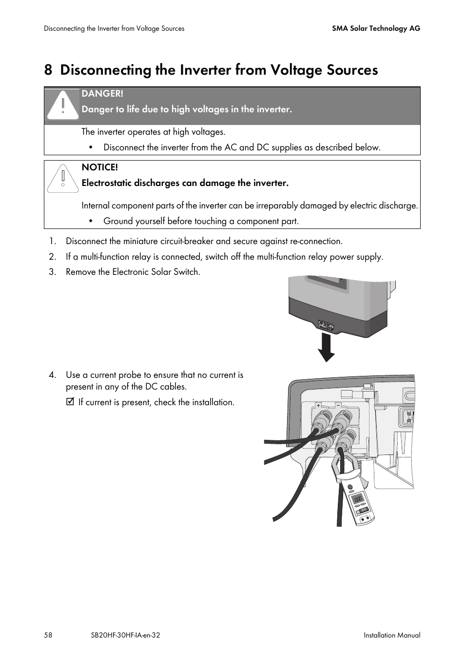 8 disconnecting the inverter from voltage sources, Disconnecting the inverter from voltage sources, N section 8 "disconnecting | Ection 8 "disconnecting the | SMA SB 2000HF-30 Installation User Manual | Page 58 / 96