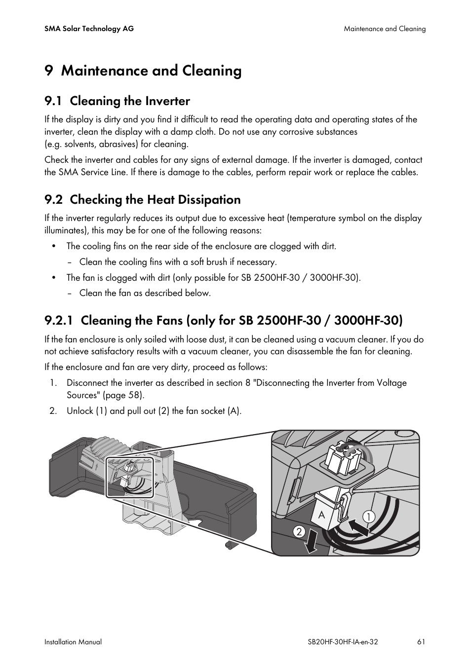 9 maintenance and cleaning, 1 cleaning the inverter, 2 checking the heat dissipation | Maintenance and cleaning, Cleaning the inverter, Checking the heat dissipation | SMA SB 2000HF-30 Installation User Manual | Page 61 / 96