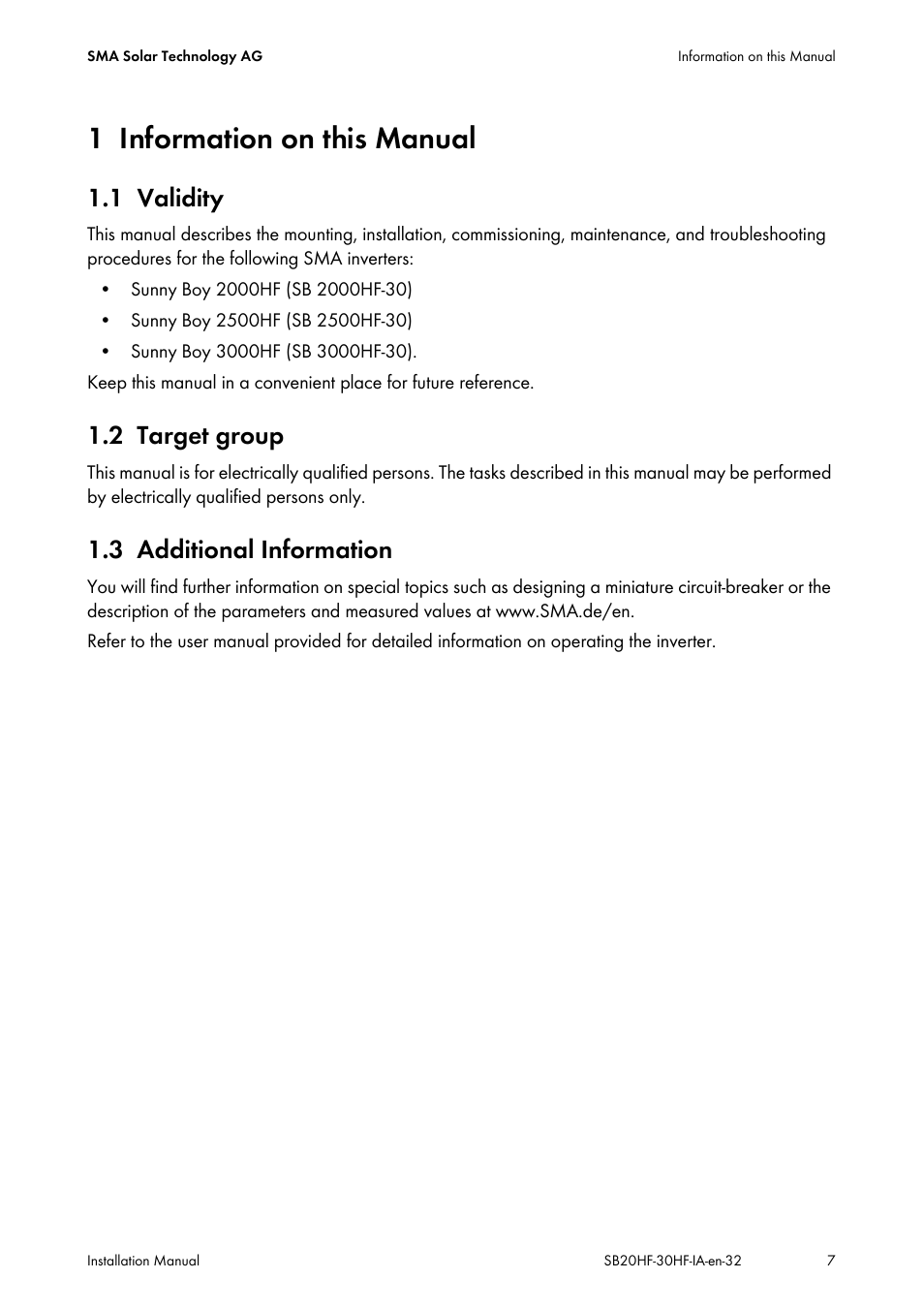 1 information on this manual, 1 validity, 2 target group | 3 additional information, Information on this manual, Validity, Target group, Additional information | SMA SB 2000HF-30 Installation User Manual | Page 7 / 96