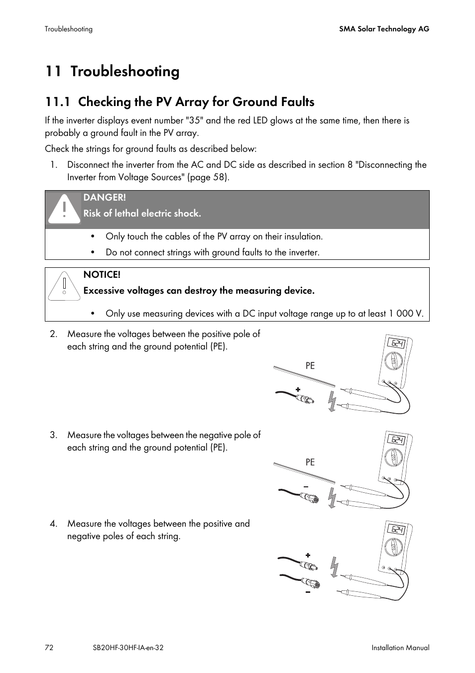 11 troubleshooting, 1 checking the pv array for ground faults, Troubleshooting | Checking the pv array for ground faults | SMA SB 2000HF-30 Installation User Manual | Page 72 / 96