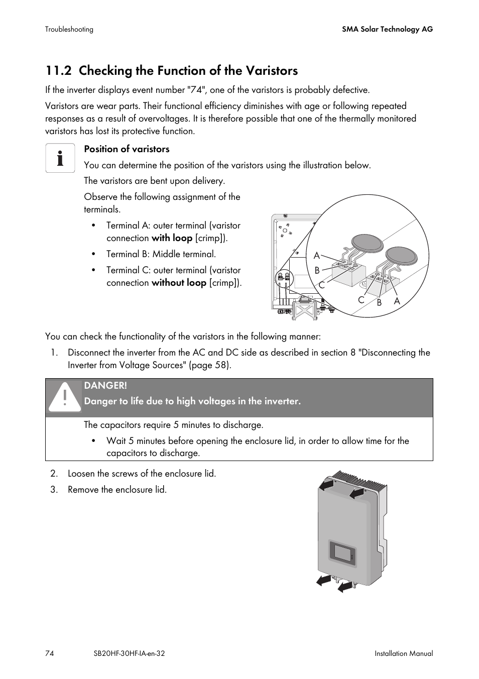 2 checking the function of the varistors, Checking the function of the varistors | SMA SB 2000HF-30 Installation User Manual | Page 74 / 96