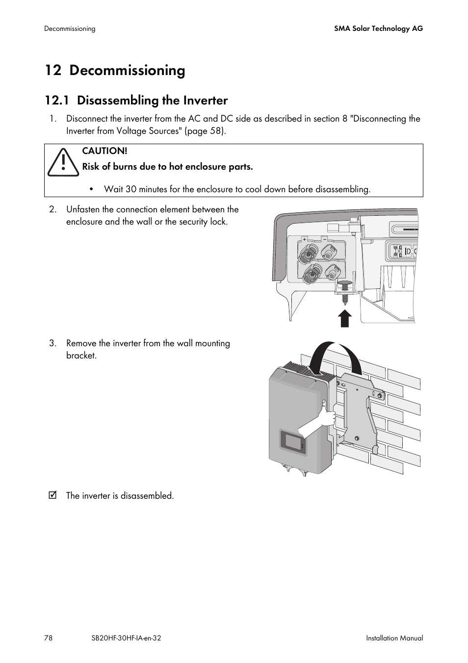 12 decommissioning, 1 disassembling the inverter, Decommissioning | Disassembling the inverter | SMA SB 2000HF-30 Installation User Manual | Page 78 / 96