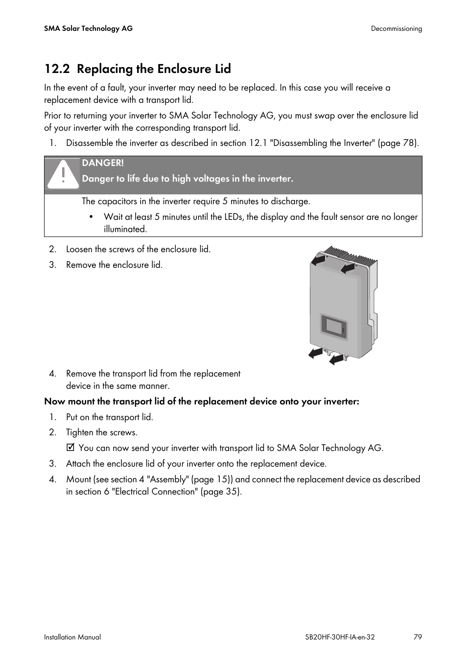 2 replacing the enclosure lid, Replacing the enclosure lid | SMA SB 2000HF-30 Installation User Manual | Page 79 / 96