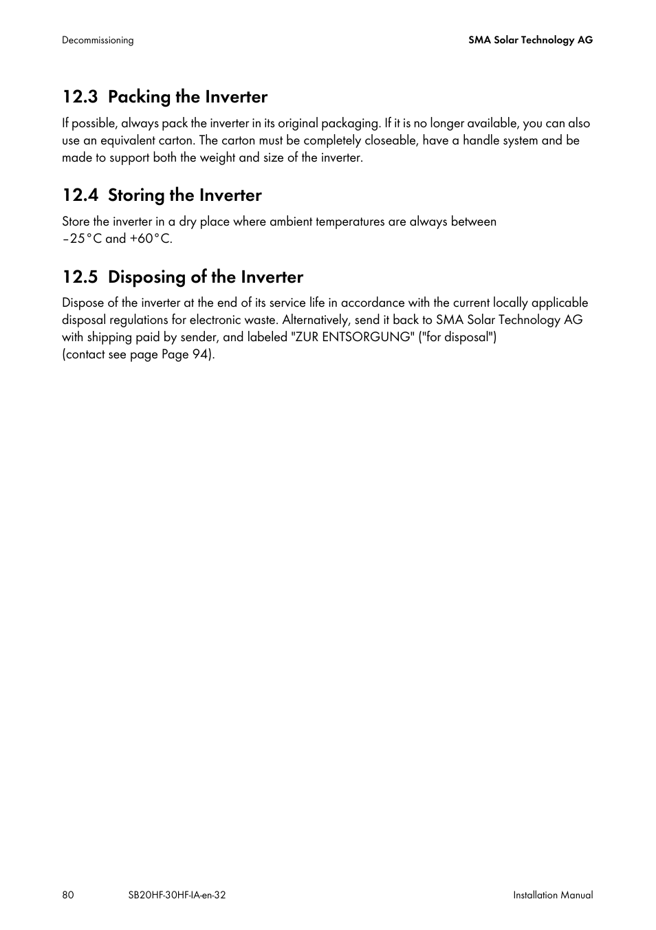 3 packing the inverter, 4 storing the inverter, 5 disposing of the inverter | Packing the inverter, Storing the inverter, Disposing of the inverter | SMA SB 2000HF-30 Installation User Manual | Page 80 / 96