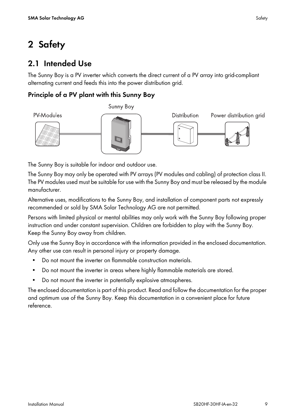 2 safety, 1 intended use, Safety | Intended use | SMA SB 2000HF-30 Installation User Manual | Page 9 / 96