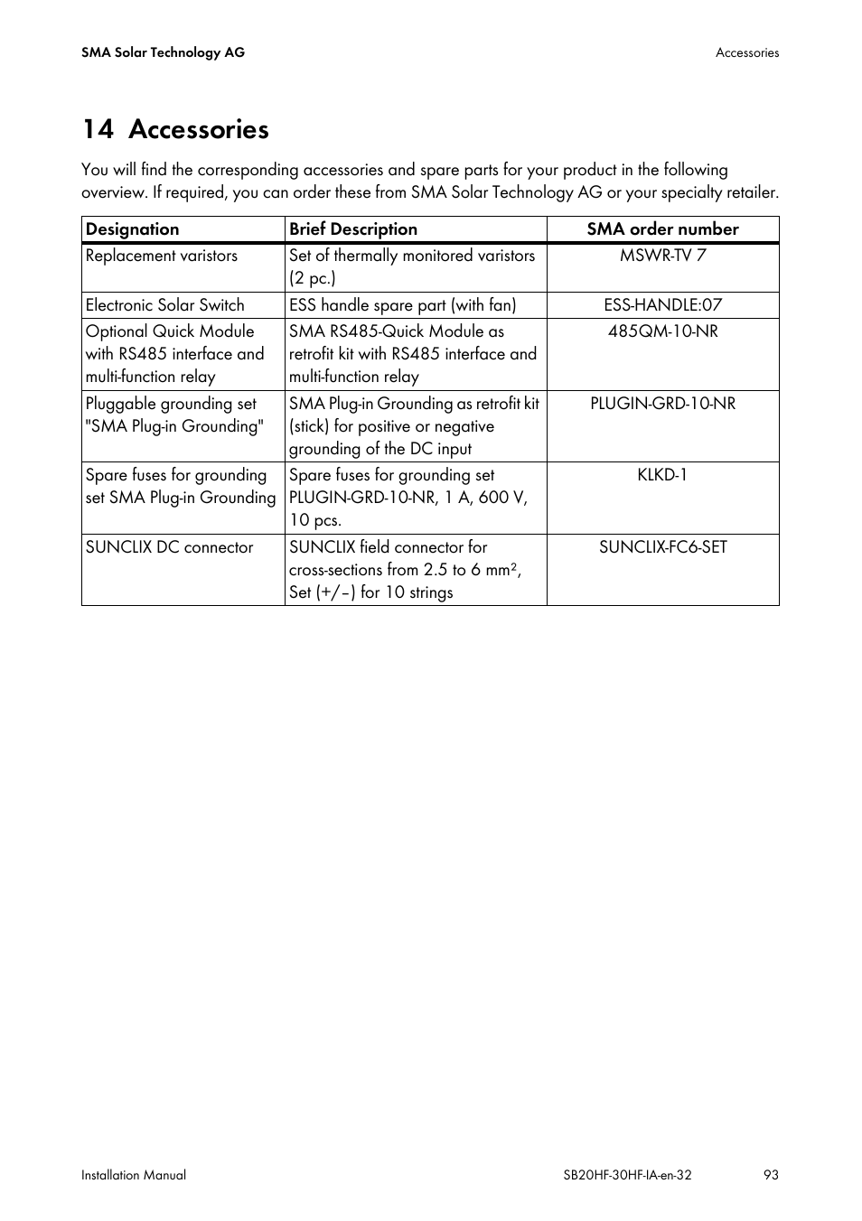 14 accessories, Accessories | SMA SB 2000HF-30 Installation User Manual | Page 93 / 96