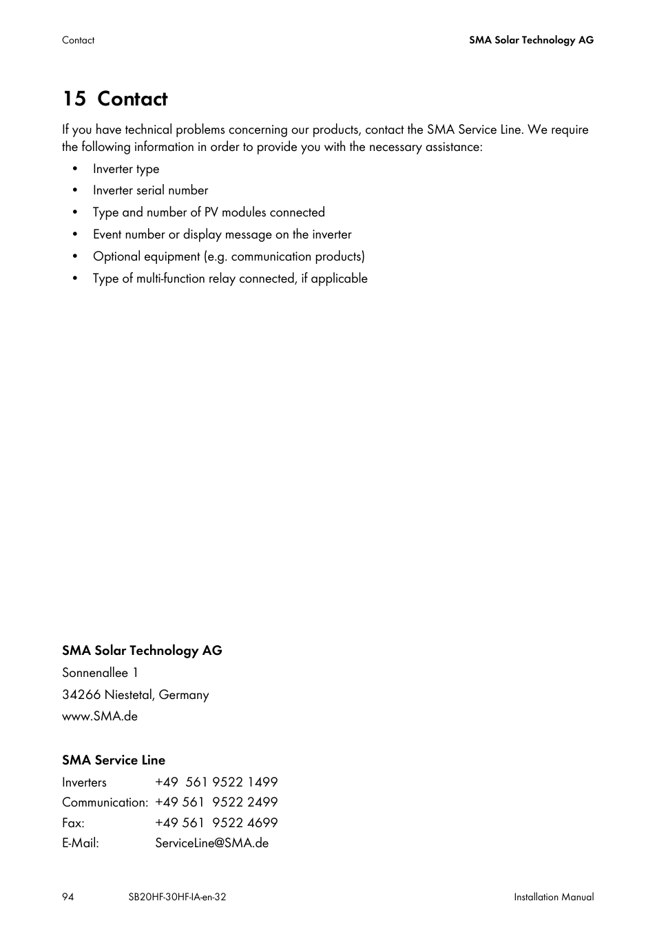 15 contact, Contact | SMA SB 2000HF-30 Installation User Manual | Page 94 / 96