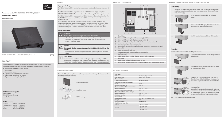 SMA RS485-Quick Module V.3.0 User Manual | 2 pages
