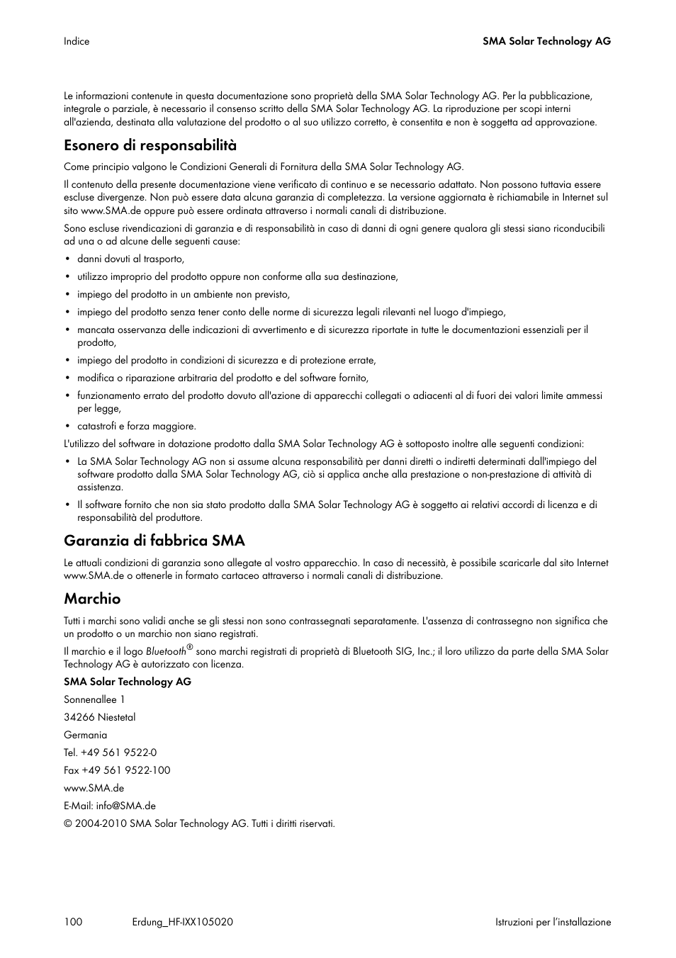 Esonero di responsabilità, Garanzia di fabbrica sma, Marchio | SMA Plug-in Grounding User Manual | Page 100 / 200