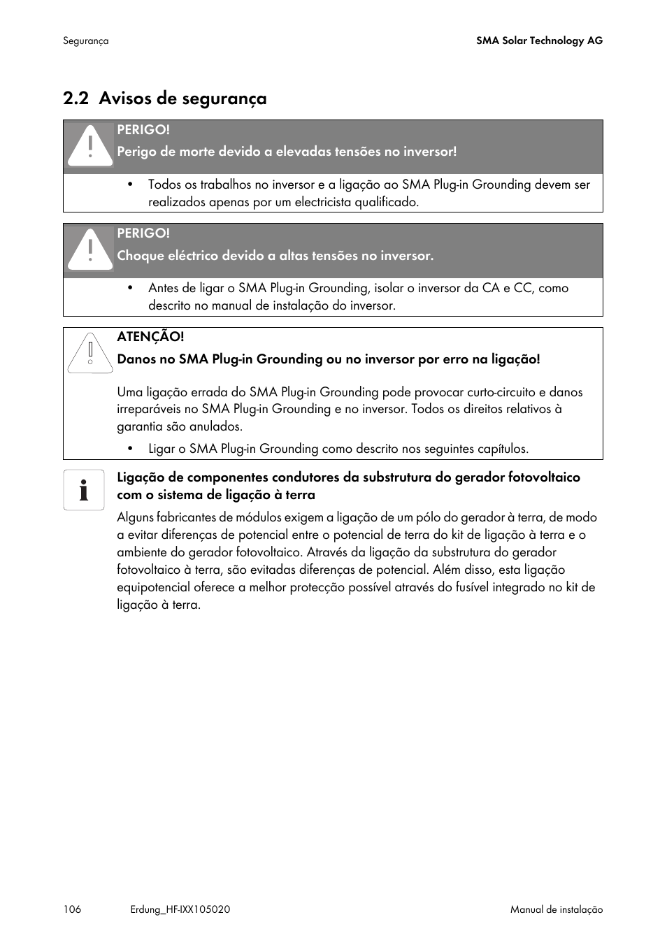 2 avisos de segurança, Avisos de segurança | SMA Plug-in Grounding User Manual | Page 106 / 200