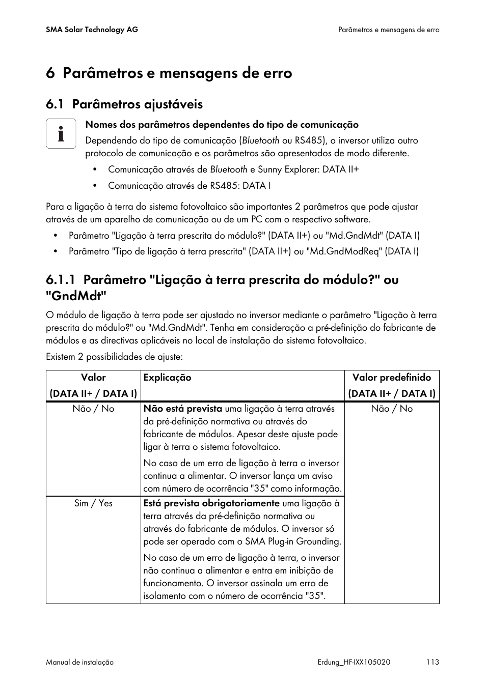 6 parâmetros e mensagens de erro, 1 parâmetros ajustáveis, Parâmetros e mensagens de erro | Parâmetros ajustáveis | SMA Plug-in Grounding User Manual | Page 113 / 200