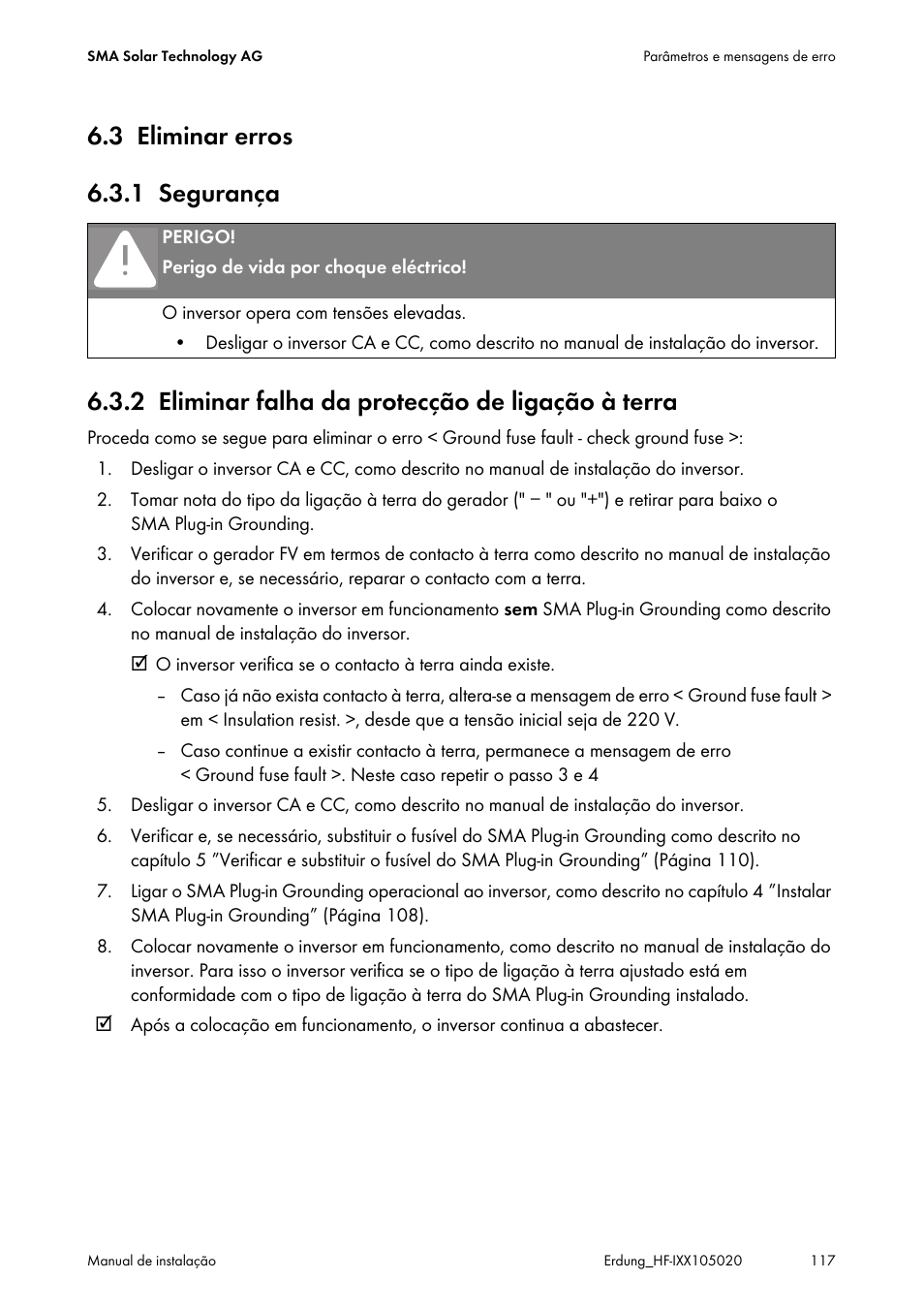 3 eliminar erros, 1 segurança, 2 eliminar falha da protecção de ligação à terra | Eliminar erros, Segurança, Eliminar falha da protecção de ligação à terra | SMA Plug-in Grounding User Manual | Page 117 / 200