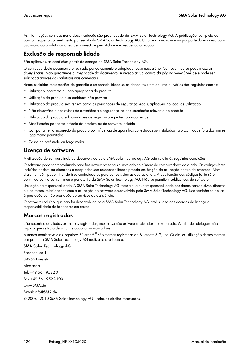 Exclusão de responsabilidade, Licença de software, Marcas registradas | SMA Plug-in Grounding User Manual | Page 120 / 200