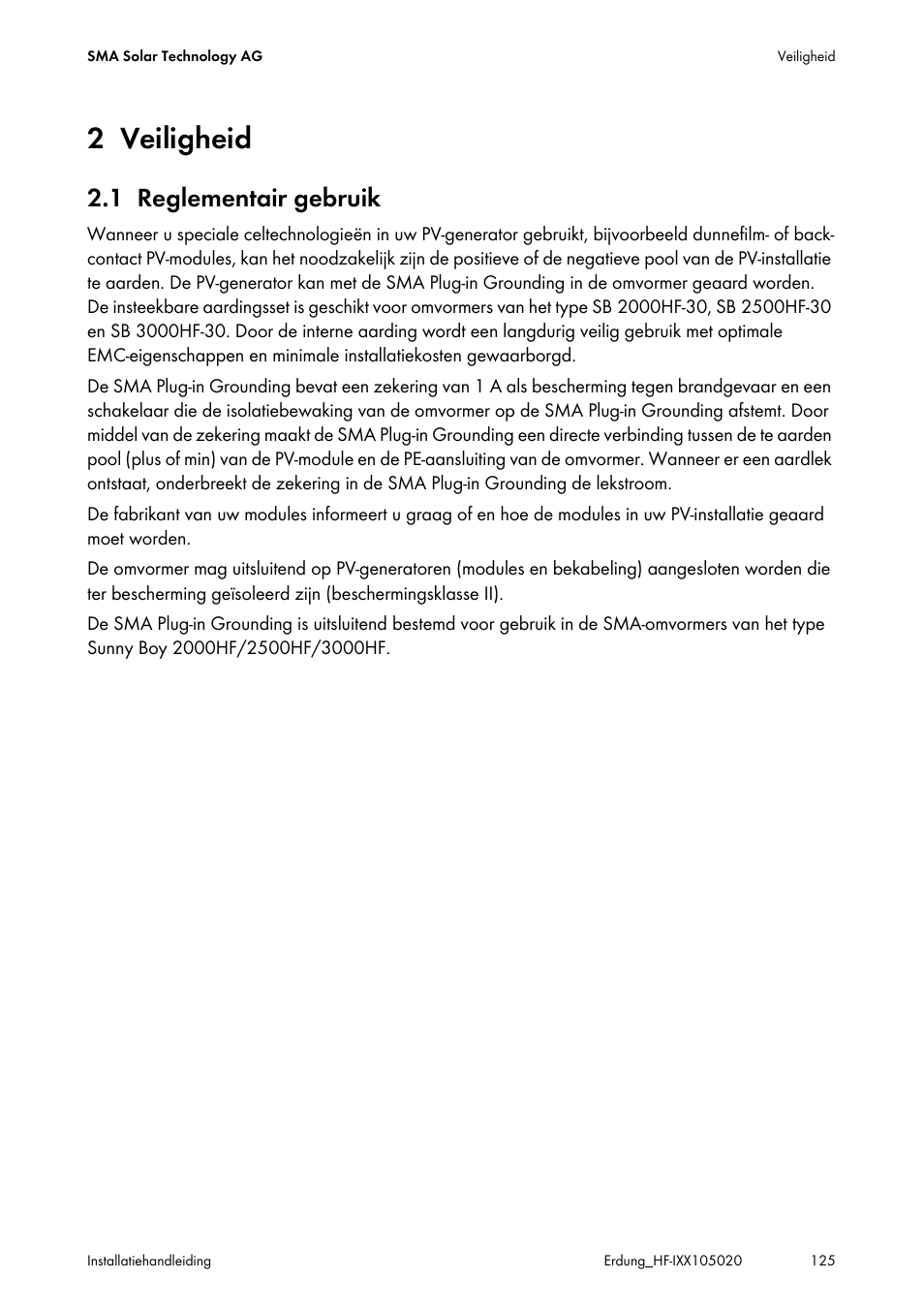 2 veiligheid, 1 reglementair gebruik, Veiligheid | Reglementair gebruik | SMA Plug-in Grounding User Manual | Page 125 / 200