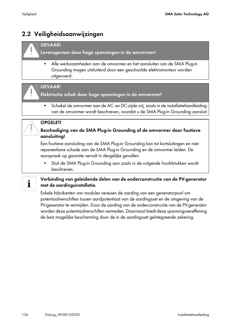 2 veiligheidsaanwijzingen, Veiligheidsaanwijzingen | SMA Plug-in Grounding User Manual | Page 126 / 200