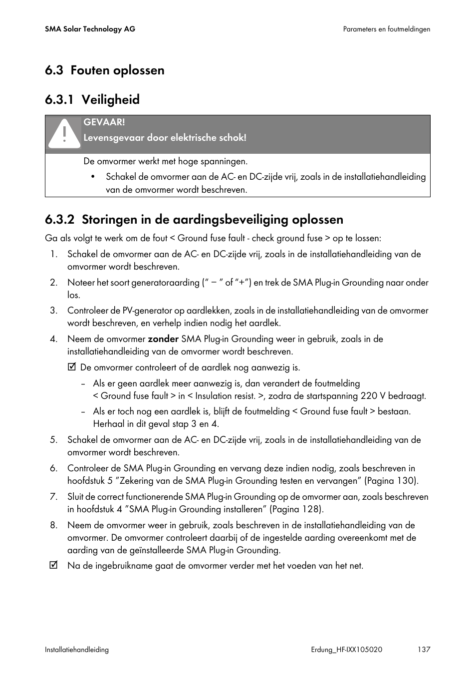 3 fouten oplossen, 1 veiligheid, 2 storingen in de aardingsbeveiliging oplossen | Fouten oplossen, Veiligheid, Storingen in de aardingsbeveiliging oplossen | SMA Plug-in Grounding User Manual | Page 137 / 200