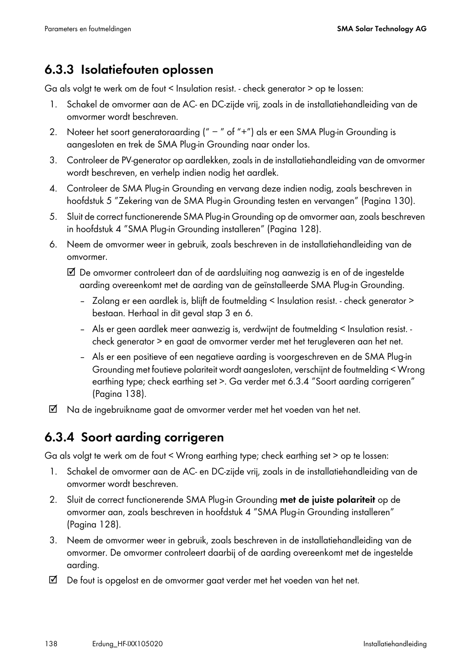 3 isolatiefouten oplossen, 4 soort aarding corrigeren, Isolatiefouten oplossen | Soort aarding corrigeren | SMA Plug-in Grounding User Manual | Page 138 / 200