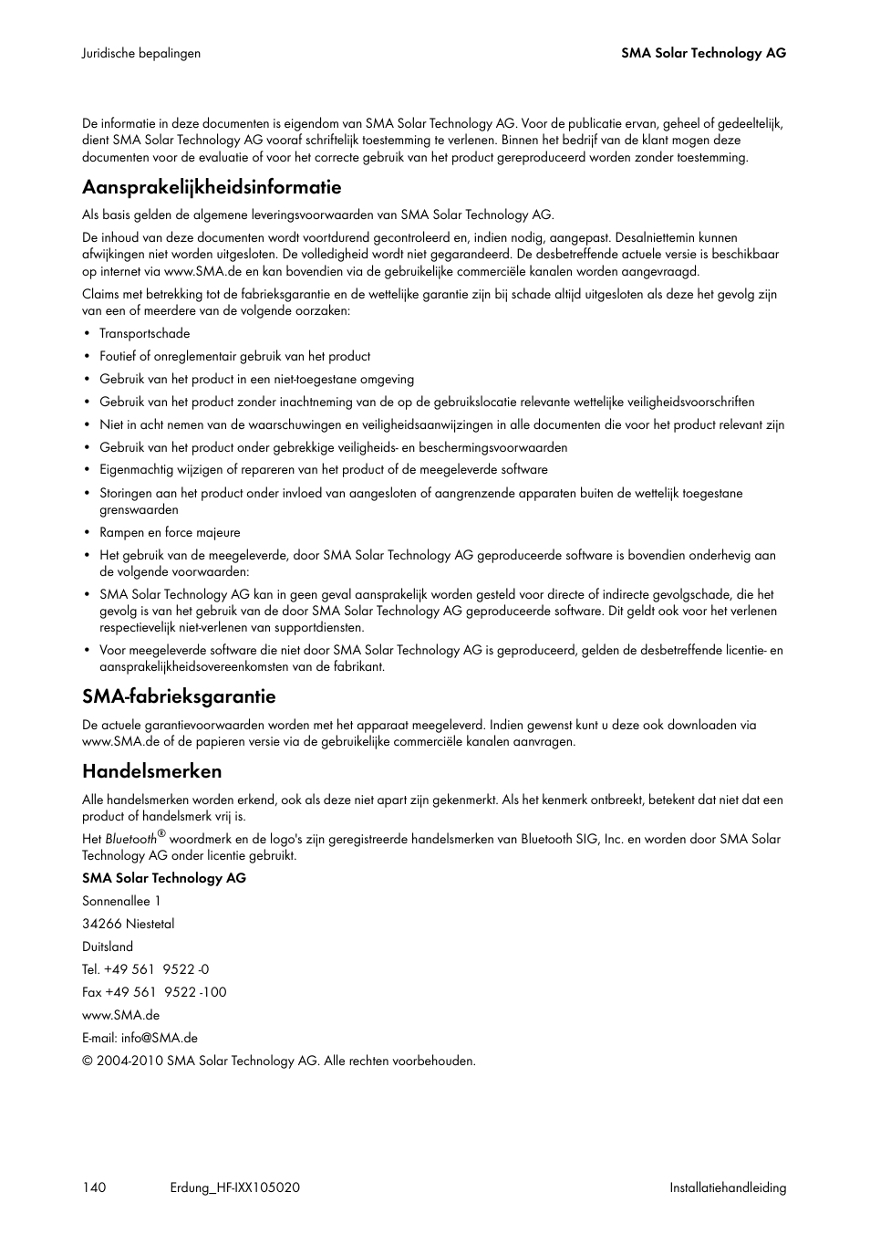 Aansprakelijkheidsinformatie, Sma-fabrieksgarantie, Handelsmerken | SMA Plug-in Grounding User Manual | Page 140 / 200