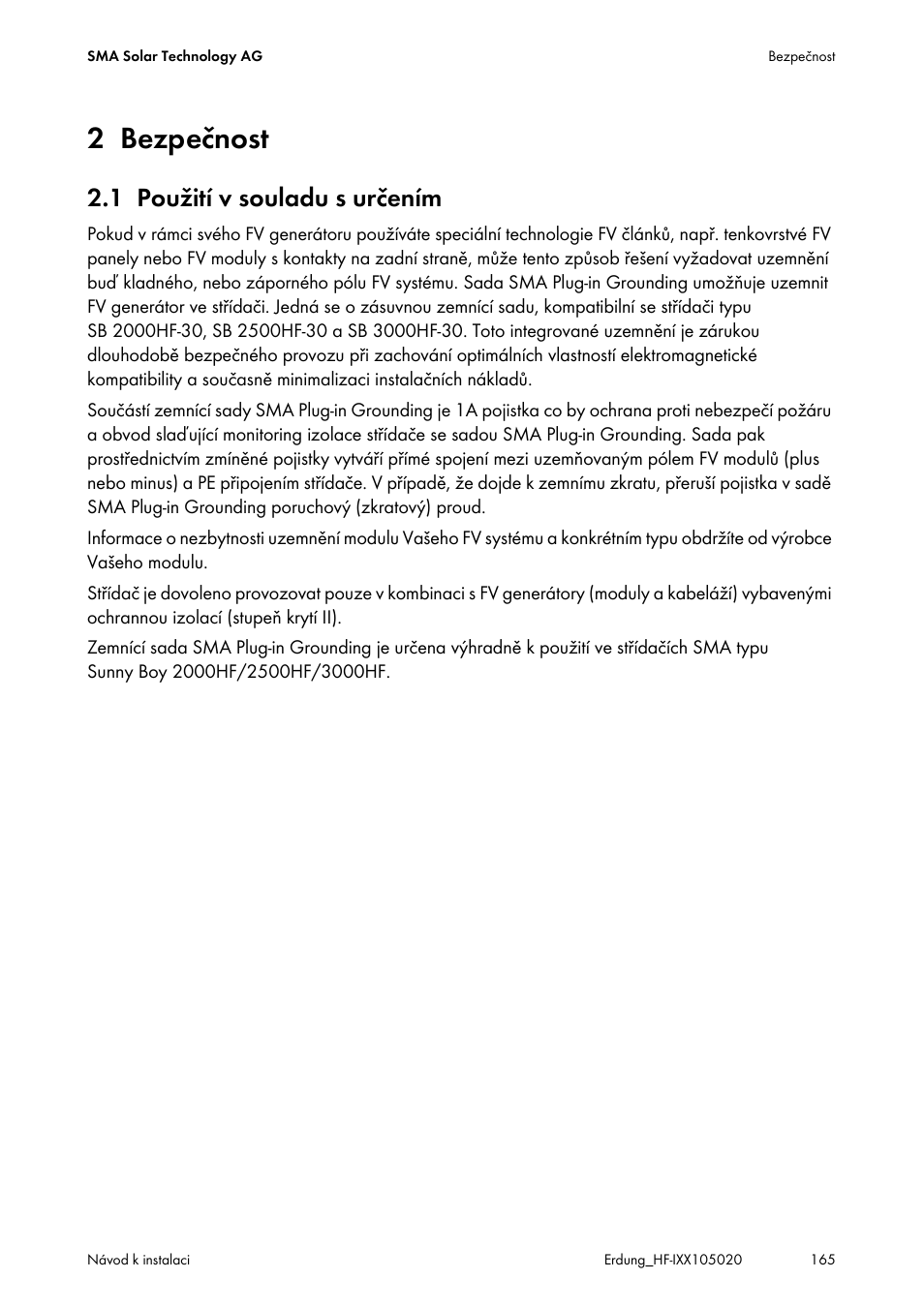 2 bezpečnost, 1 použití v souladu s určením, Bezpečnost | Použití v souladu s určením | SMA Plug-in Grounding User Manual | Page 165 / 200