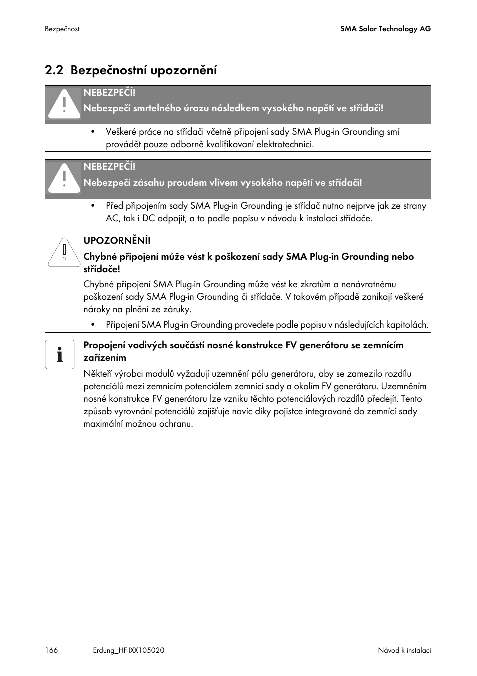 2 bezpečnostní upozornění, Bezpečnostní upozornění | SMA Plug-in Grounding User Manual | Page 166 / 200