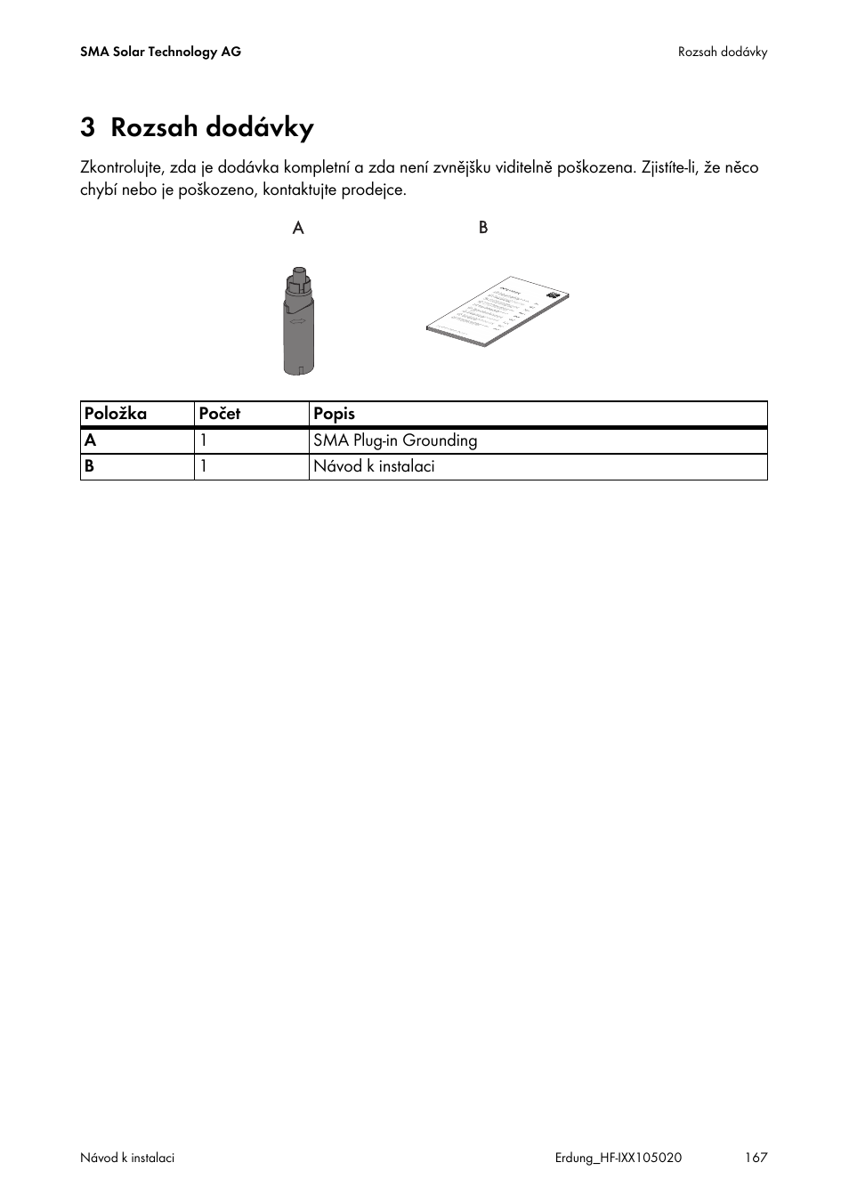 3 rozsah dodávky, Rozsah dodávky | SMA Plug-in Grounding User Manual | Page 167 / 200