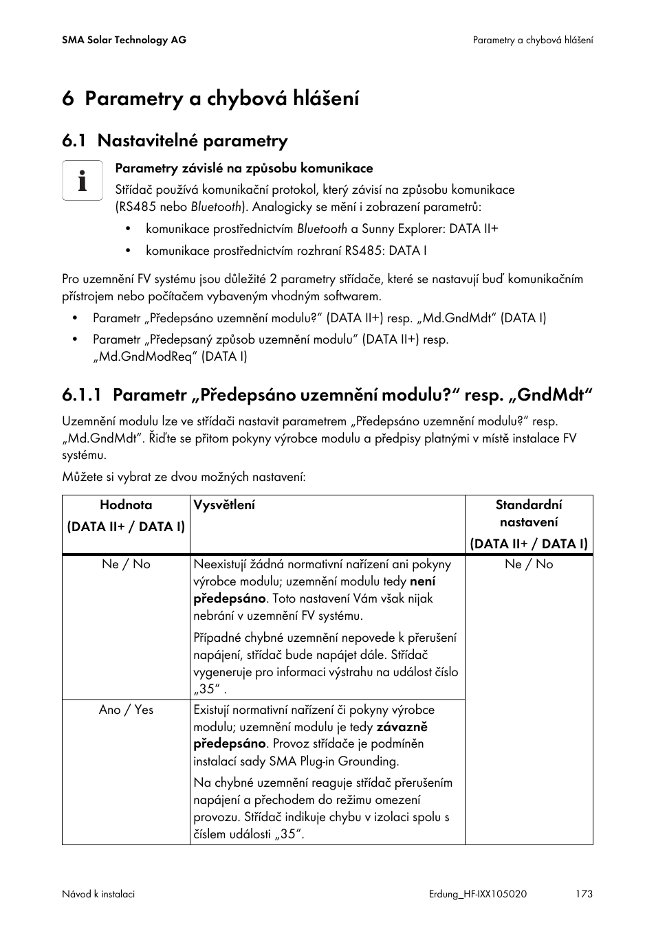 6 parametry a chybová hlášení, 1 nastavitelné parametry, Parametry a chybová hlášení | Nastavitelné parametry | SMA Plug-in Grounding User Manual | Page 173 / 200