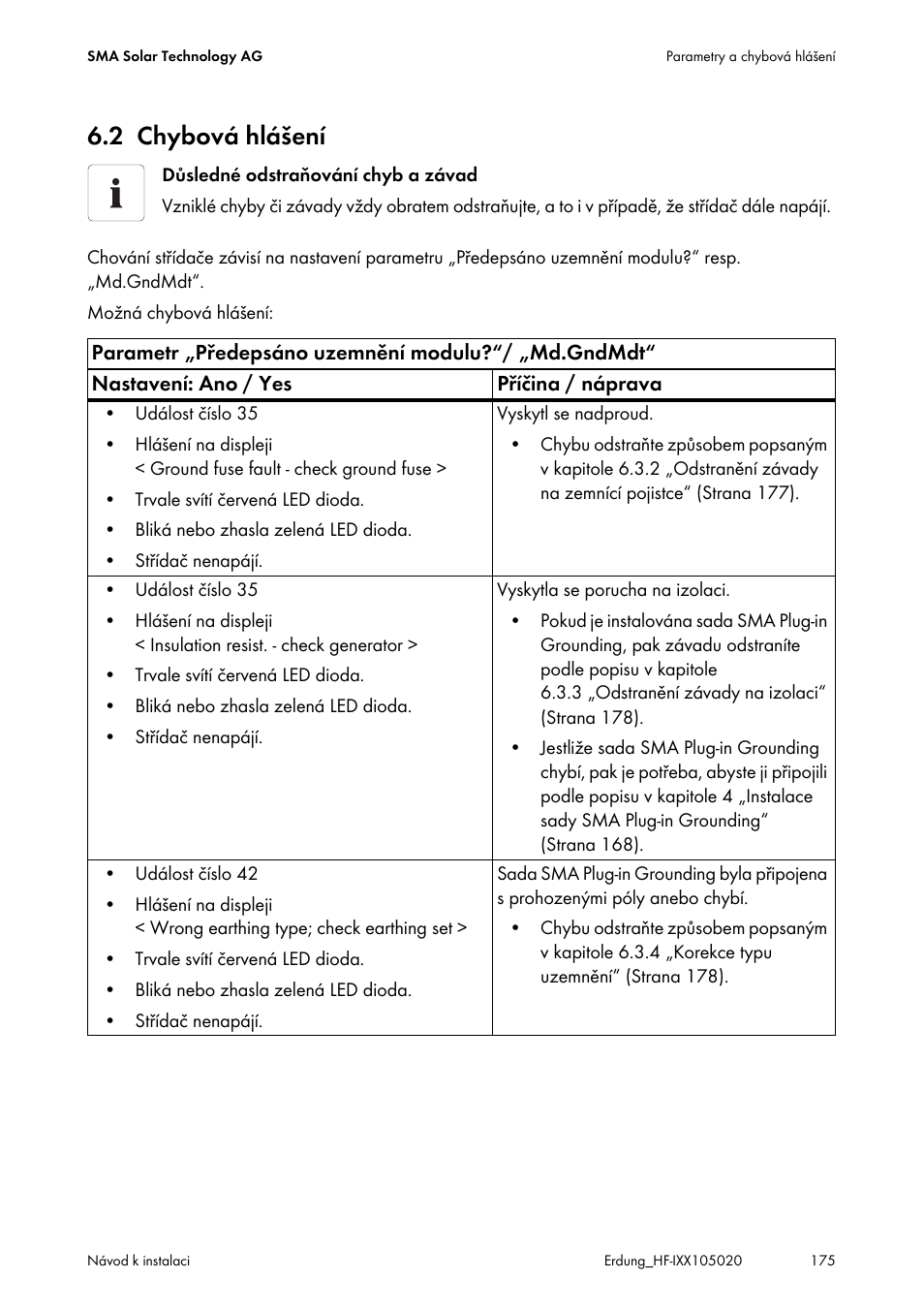 2 chybová hlášení, Chybová hlášení | SMA Plug-in Grounding User Manual | Page 175 / 200