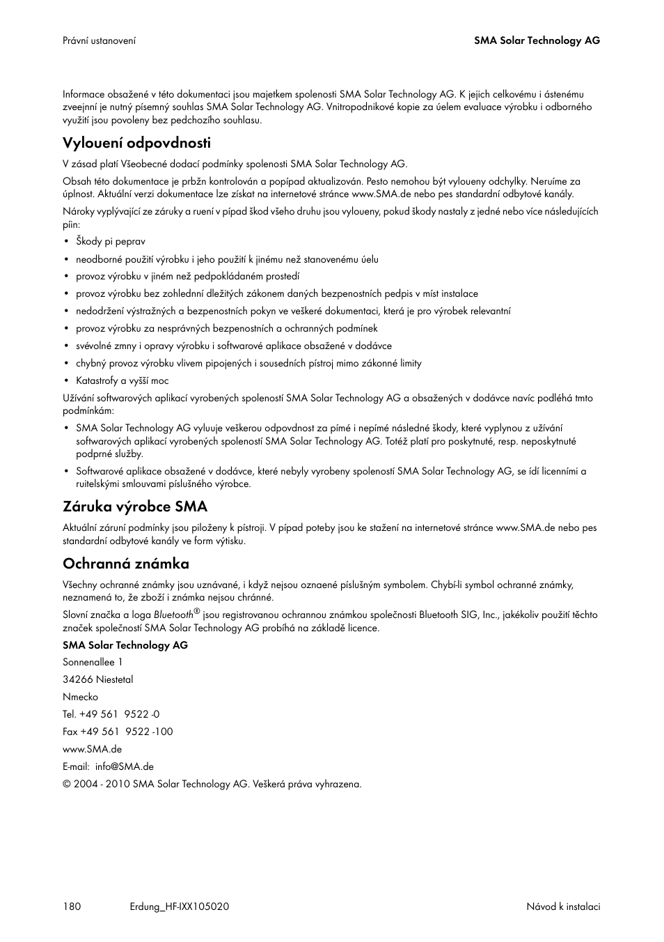 Vylouení odpovdnosti, Záruka výrobce sma, Ochranná známka | SMA Plug-in Grounding User Manual | Page 180 / 200