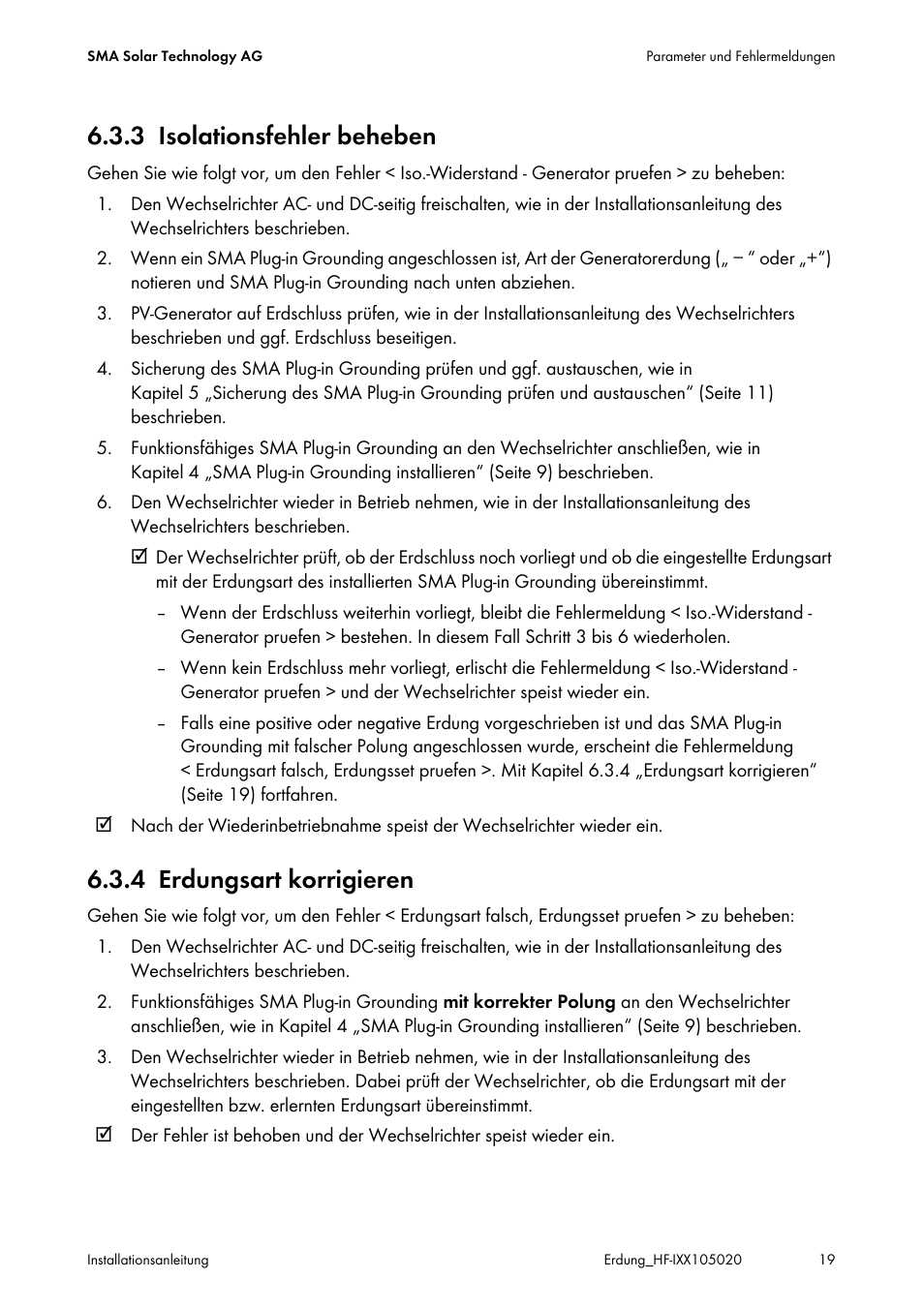 3 isolationsfehler beheben, 4 erdungsart korrigieren, Isolationsfehler beheben | Erdungsart korrigieren, 4 „erdungsart korrigieren“ (seite 19) | SMA Plug-in Grounding User Manual | Page 19 / 200