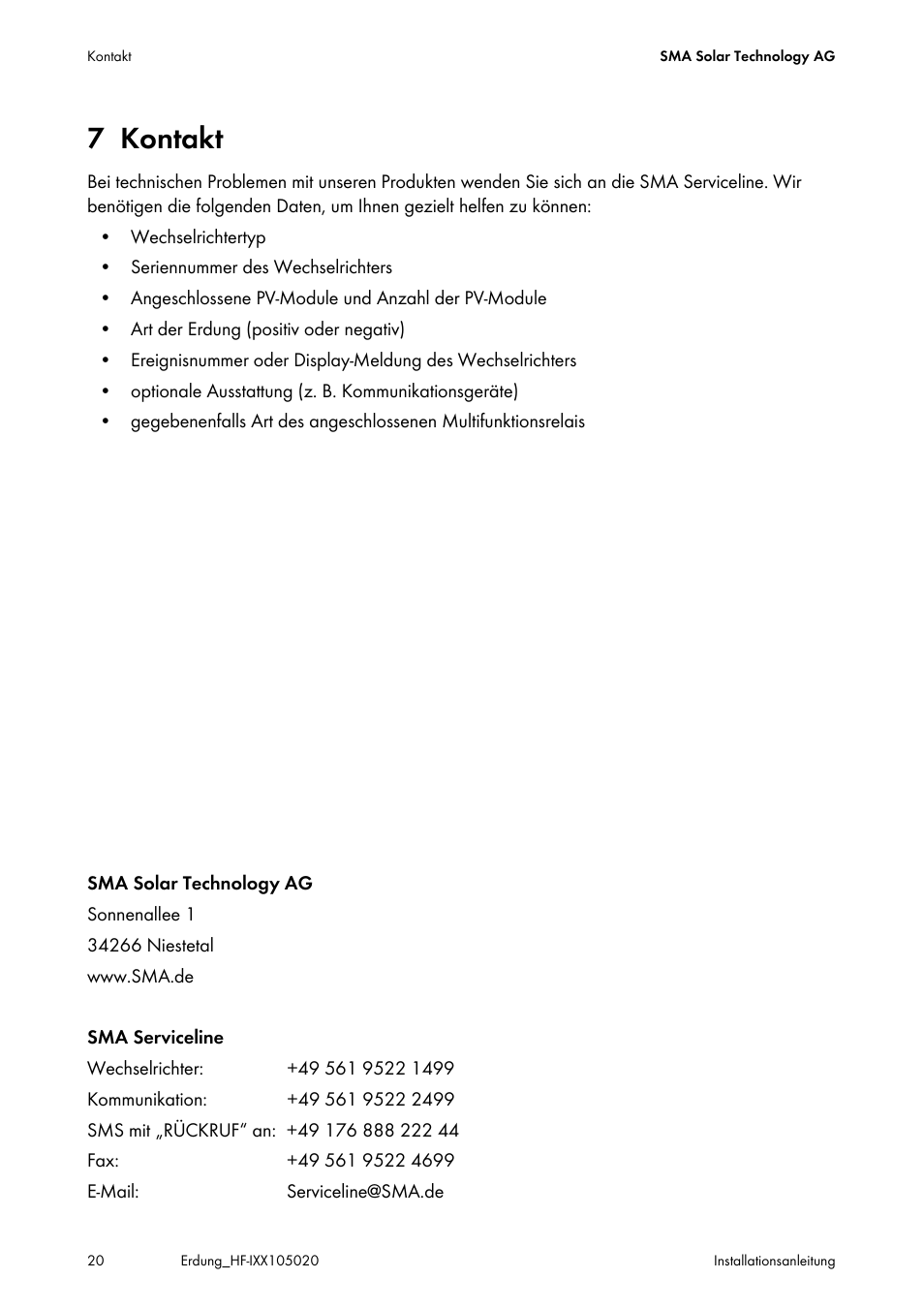 7 kontakt, Kontakt | SMA Plug-in Grounding User Manual | Page 20 / 200