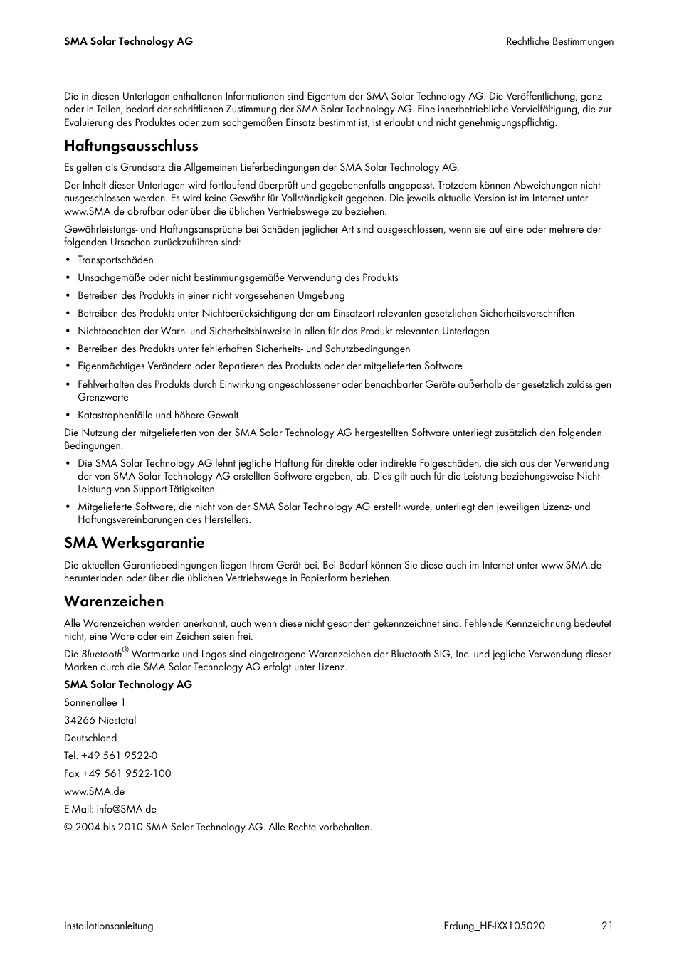 Haftungsausschluss, Sma werksgarantie, Warenzeichen | SMA Plug-in Grounding User Manual | Page 21 / 200