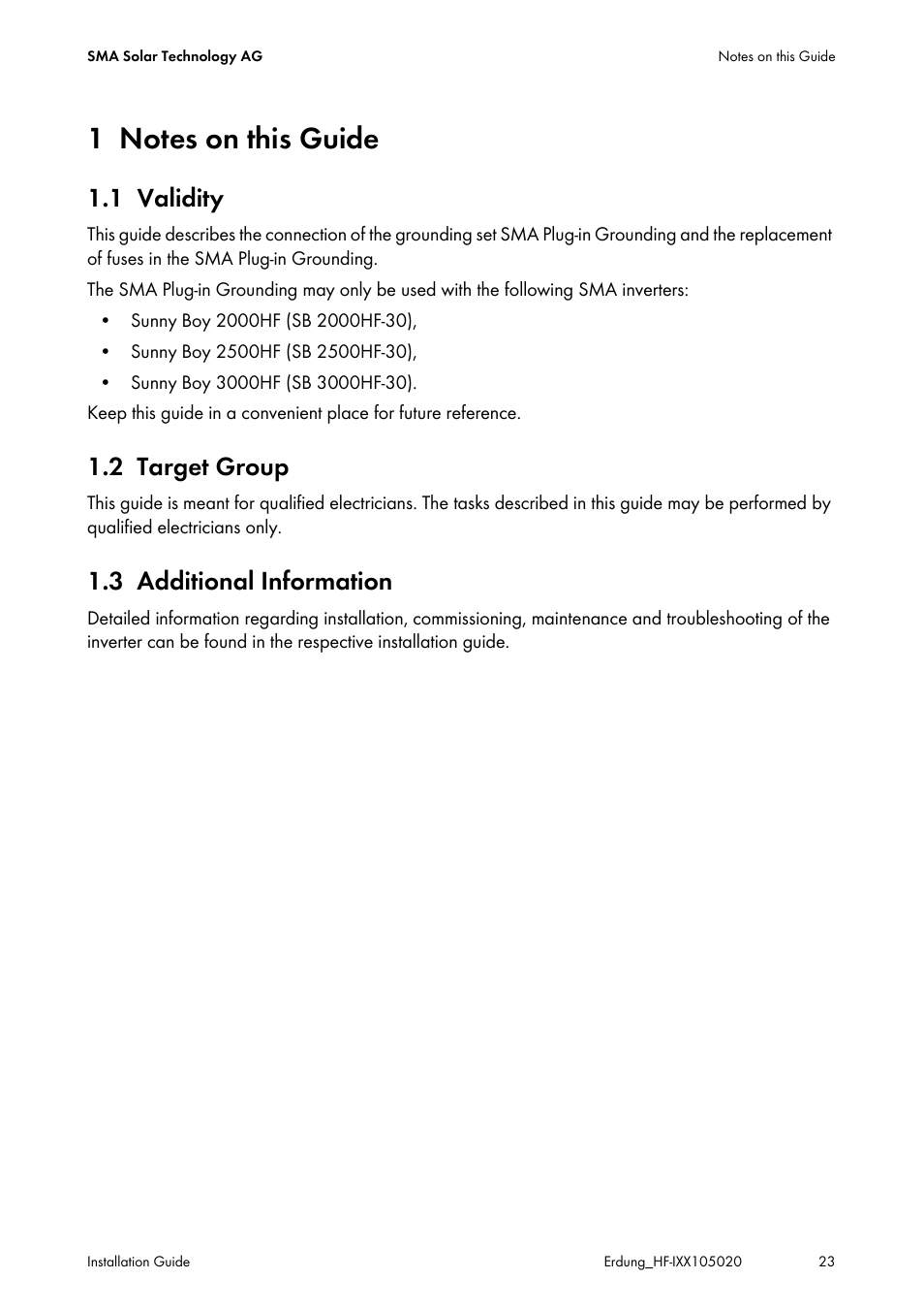 1 notes on this guide, 1 validity, 2 target group | 3 additional information, Notes on this guide, Validity, Target group, Additional information | SMA Plug-in Grounding User Manual | Page 23 / 200