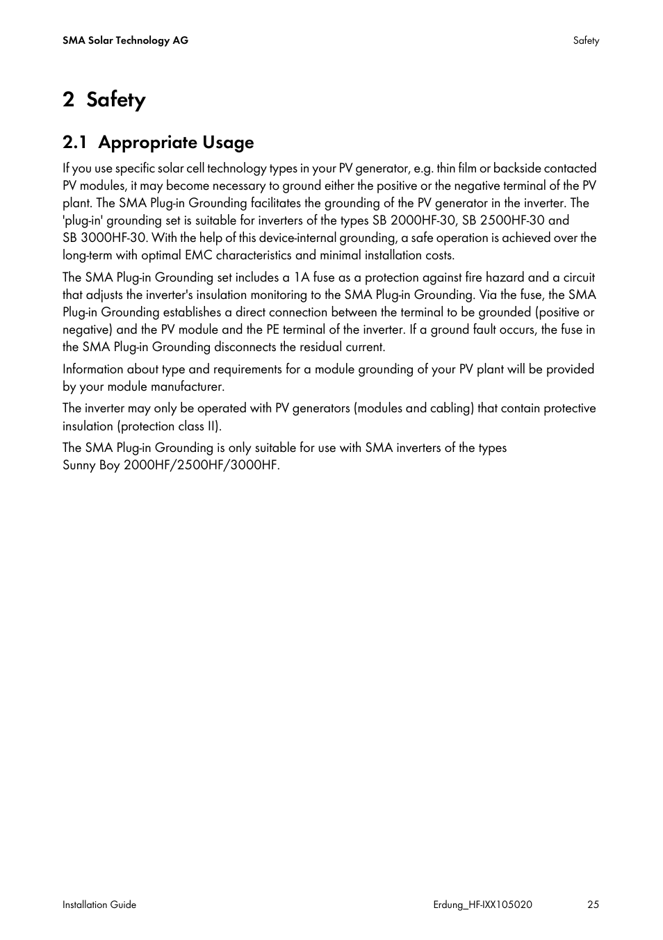 2 safety, 1 appropriate usage, Safety | Appropriate usage | SMA Plug-in Grounding User Manual | Page 25 / 200