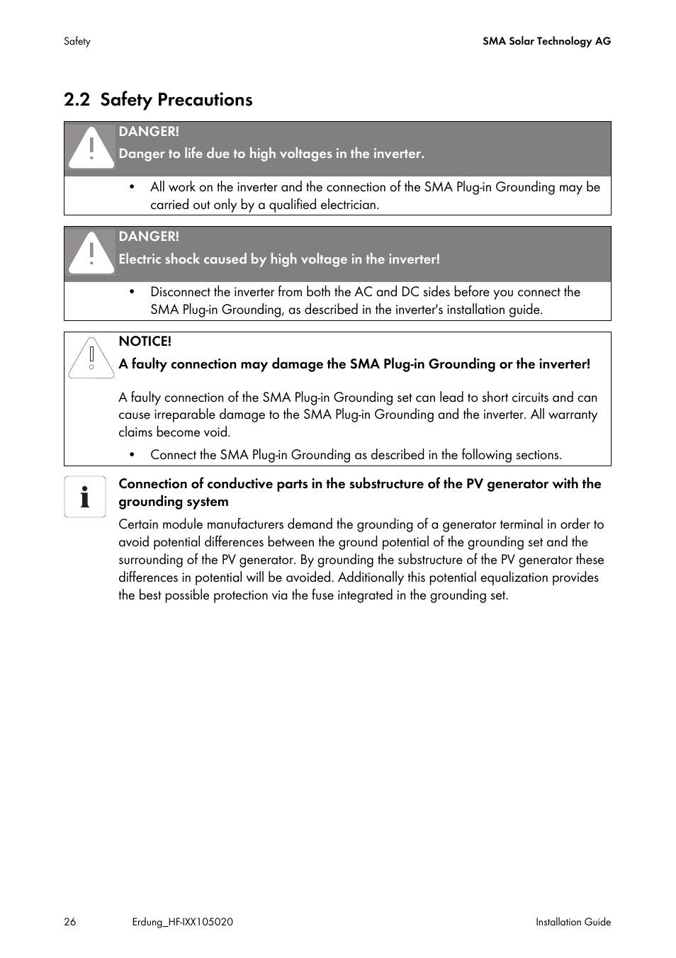 2 safety precautions, Safety precautions | SMA Plug-in Grounding User Manual | Page 26 / 200